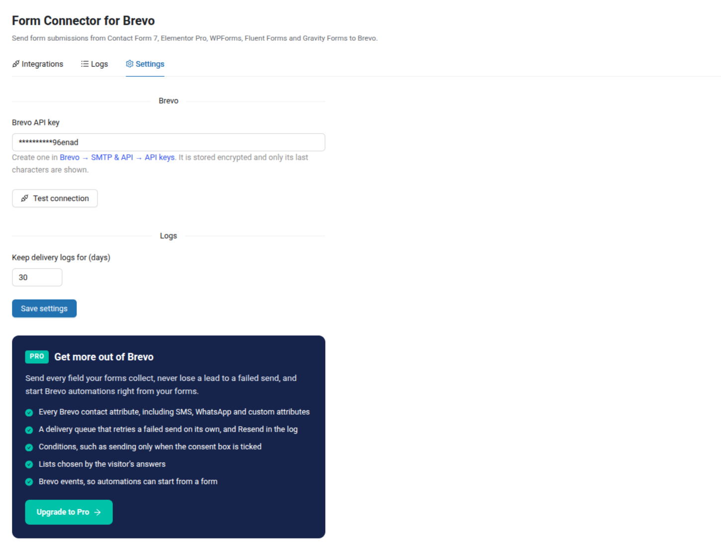 Der Settings-Tab des Plugins mit dem Feld für den Brevo-API-Schlüssel und dem Button Test connection
